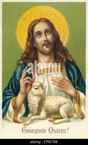 religion, Christianity, Easter, 'Gesegnete Ostern' (Blessed Easter), Jesus Christ with lamb, Germany, circa 1916, Additional-Rights-Clearences-Not Available Stock Photo