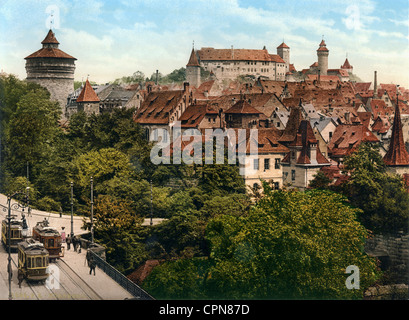 geography / travel, Germany, Nuremberg, city view / city views, view of the old town, from Hallertor, left hand the Neutor tower, circa 1899, in the forground left: the first electric tram, introduced 1896 - 1898, photochrom, historic city centre, center, castle, castles, Nuremberg Castle, castle hill, medieval, mediaeval, city, city view, cityscape, city views, cityscapes, townscape, townscapes, turn of the century, photochromic, photography, photograph, photo, photographs, history, Franconia, Bavaria, 19th century, historic, historical, middle ages, Additional-Rights-Clearences-Not Available Stock Photo