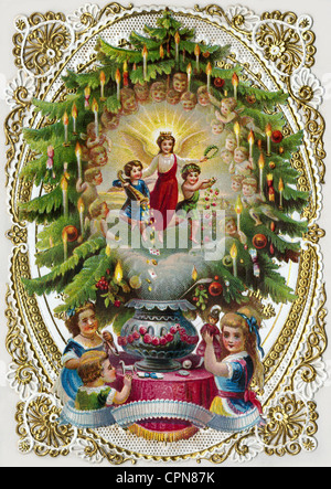 Christmas, Christmas tree, the infant Jesus, scrap-picture, lithograph, Germany, 1879, Additional-Rights-Clearences-Not Available Stock Photo