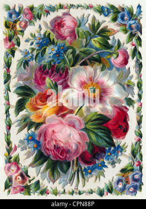 kitsch/cards/souvenir, flowers, flower bouquet, very decorative scrap-picture, lithograph, Germany, 1880, Additional-Rights-Clearences-Not Available Stock Photo