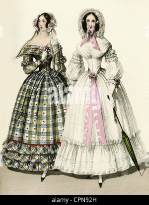 fashion, ladies' fashion, Biedermeier, two women, lithograph in Viennese magazine from July 1840, Austria, 1840, strolling, walking, bonnet, bonnets, dress, dresses, wide skirt, skirt, skirts, quilling, quillings, pink bow, narrow-waisted, wasp waist, wasp waists, girlfriend, girlfriends, polite society, noble, rich, wealthy, strolling, walk, walking, promenading, stroll, woman, beauty, fashion for women, fashion illustration, Haute Couture, 19th century, historic, historical, people, female, Additional-Rights-Clearences-Not Available Stock Photo