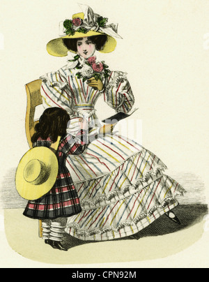 fashion, ladies' fashion, Biedermeier, woman with child, lithograph in Viennese magazine from July 1827, Austria, 1827, mother, mothers, daughter, daughters, child, children, kid, kids, chair, chairs, sitting, sit, hat, hats, with flower arrangements, wide skirt, striped, stripe, stripes, quilling, quillings, narrow-waisted, wasp waist, wasp waists, rose, roses, polite society, beauty, fashion illustration, 19th century, summer fashion, summer dress, summer dresses, woman, women, historic, historical, people, female, Additional-Rights-Clearences-Not Available Stock Photo