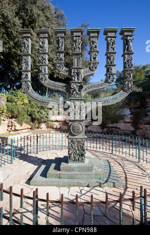 Israel, Jerusalem, The Menorah sculpture by Benno Elkan at the entrance to the Knesset, the Israeli Parliament Stock Photo