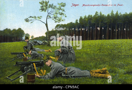 First World War / WWI, German soldiers in the war, machine gun company in the fire, postcard, Germany, circa 1916, Additional-Rights-Clearences-Not Available Stock Photo