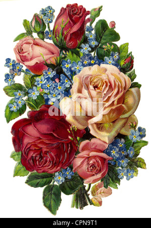kitsch/cards/souvenir, flower bouquet, bouquet of roses, very decorative scrap-picture, lithograph, Germany, 1891, Additional-Rights-Clearences-Not Available Stock Photo