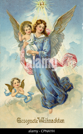 Christmas, 'Gesegnete Weihnachten' (Blessed Christmas), Christmas angel with the infant Jesus, greetings card, Germany, circa 1910, Additional-Rights-Clearences-Not Available Stock Photo