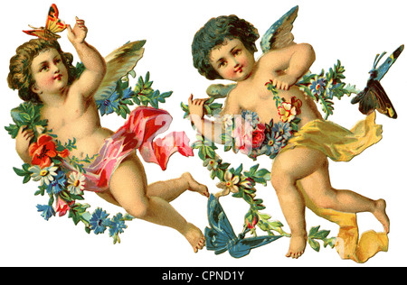 kitsch, angel, two little angel, scrap-picture, Germany, 1893, Additional-Rights-Clearences-Not Available Stock Photo