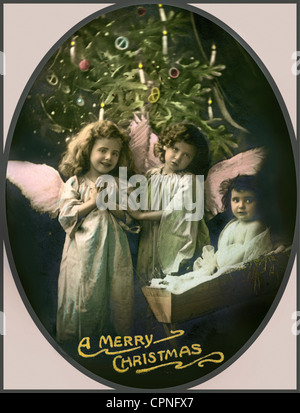 Christmas, Christmas card, 'A Merry Christmas', two little angels with the infant Jesus and Christmas tree, USA, 1914, Additional-Rights-Clearences-Not Available Stock Photo