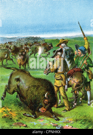 hunt, big-game hunting, buffalo hunt, herd of buffalo and hunter, circa 1780, USA, 1886, buffalos, buffalo hunter, American bison, American buffalo, bisons, bison herd, trapper, trappers, shooting, shoot, shot, exterminate, exterminating, prairie, America, American, herd, herds, hunts, hunt, big game, big-game hunting, big game hunters, Wild West, hunting scene, animal, animals, historic, historical, 19th century, 18th century, people, Additional-Rights-Clearences-Not Available Stock Photo