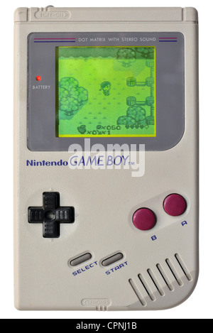 toys, Nintendo Game Boy, first edition, monochrome display, enable, here with the game module 'Quest for Camelot' on the screen, Dot Matrix LCD, with stereo sound, Japan, 1989, Additional-Rights-Clearences-Not Available Stock Photo