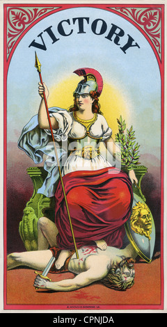 Victoria, Roman deity, impersonation of the victory, full length, lithograph, decoration for cigar boxes, USA, circa 1895, Stock Photo