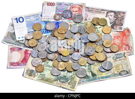 money / finances, Europe, European currency before the Euro launch 2002, Italian Lira, Austrian shilling, Spanish Peseta, peseta, Greek Drachma, Dutch gulden, French and Belgian franc, German Deutschmark and Pfennigs, Germany, circa 1975 - 1985, Additional-Rights-Clearences-Not Available Stock Photo