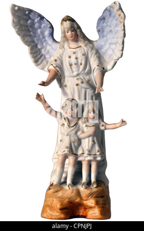 religion, Christianity, angel, guardian angel protecting children, little ceramic figure, Germany, circa 1912, Additional-Rights-Clearences-Not Available Stock Photo