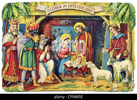 Christmas, Nativity scene, small paperboard nativity scene, Germany, circa 1929, Additional-Rights-Clearences-Not Available Stock Photo