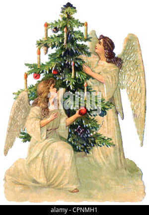 Christmas, Christmas angel, two angels decorating the Christmas tree, lithograph, Germany, circa 1900, Additional-Rights-Clearences-Not Available