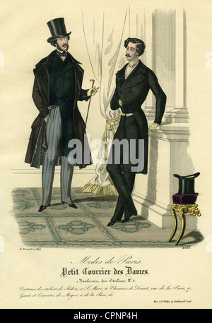 fashion, Parisian fashion, two gentlemen in suit and with tophats, out of the fashion magazine 'Le Petit Courrier des Dames', France, 1844, Additional-Rights-Clearences-Not Available Stock Photo