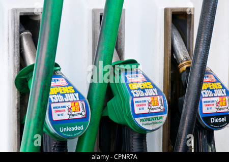 Petrol pumps at petrol station, England Stock Photo