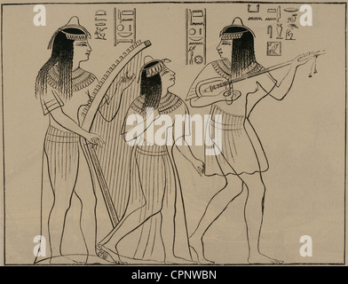 Egyptians musicians. Engraving, 1882.