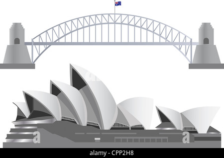 Sydney Australia Skyline Landmarks Harbour Bridge and Opera House Illustration Stock Photo