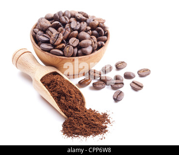 ground coffee and coffee beans isolated on white background Stock Photo