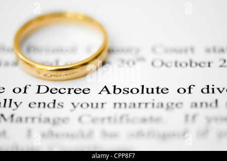 Wedding ring on top of solicitors letter highlighting the words decree absolute, concept of separation and divorce Stock Photo