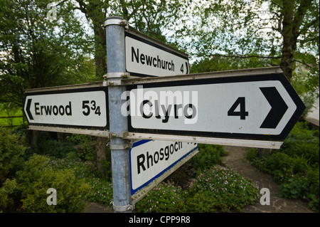 Signpost to Clyro Erwood Newchurch and Rhosgoch at crossroads in Painscastle Powys Mid-Wales UK Stock Photo