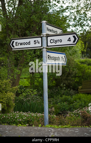 Signpost to Clyro Erwood Newchurch and Rhosgoch at crossroads in Painscastle Powys Mid-Wales UK Stock Photo