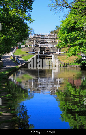 Bingley Five Rise locks on the Leeds and Liverpool canal, Bingley, West Yorkshire, England, UK. Stock Photo