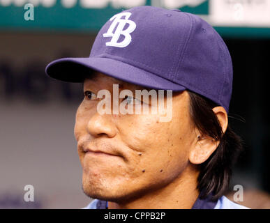 May 29, 2012 - St. Petersburg, FL, USA - JAMES BORCHUCK  |   Times.SP 353239 BORC rays (05/29/12) (St. Petersburg, FL) Hideki Matsui answers questions before the Rays game against the Chicago White Sox at Tropicana Field Tuesday, May 29, 2012. (Credit Image: © Tampa Bay Times/ZUMAPRESS.com) Stock Photo