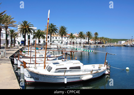 Traditional fishing boats in marina, Fornells, Menorca, Balearic Islands, Spain Stock Photo