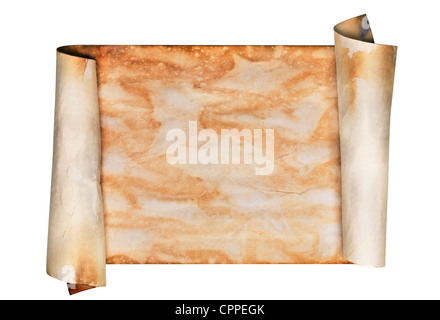 Ancient looking parchment made to look like an old scroll. Isolated on white with a clipping path. Stock Photo