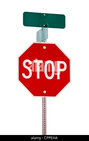 Stop sign with street signs on top. Isolated on white with a clipping path Stock Photo