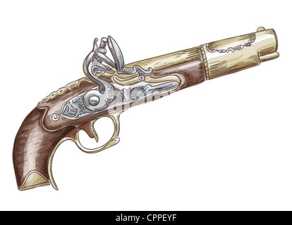 French flintlock antique pistol (late 18th - early 19th Century). Illustration. Watercolor style. Stock Photo