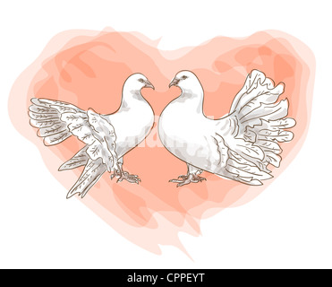Couple doves with symbol of love - red heart. Illustration. Watercolor style.