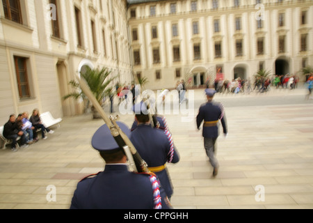 Sentries marching through the Prague Hradcany or Castle, Czech Rebublic.