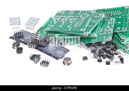 PCBs with different electronic components isolated on white background Stock Photo