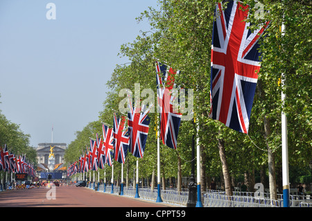 Union Jack flags flying high on The Mall in celebration of Queen Elizabeth II Diamond Jubilee Stock Photo