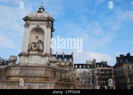 The Saint Sulpice fountain in the square in front of the famous church, Paris, France Stock Photo