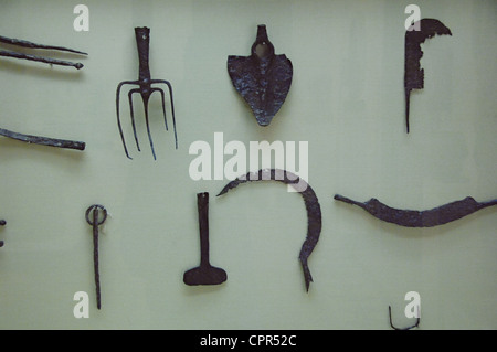 Roman Art. Spain. Agricultural tools. Archeological Museum. Seville. Andalusia. Stock Photo