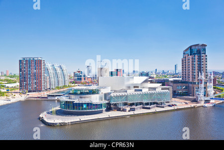 Aerial view of the Lowry centre, Outlet Mall shopping centre complex and apartments at salford quays manchester england GB UK Stock Photo