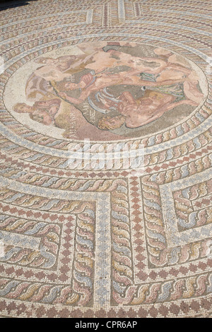 Roman mosaic in the villa of Theseus, Archaeological Park, Paphos, Cyprus. Stock Photo