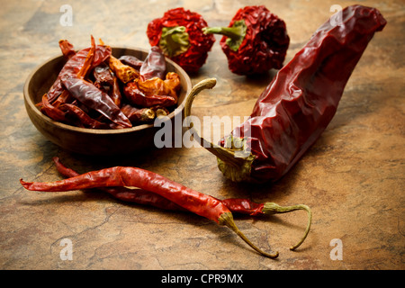 Assortment of dried chili peppers Stock Photo