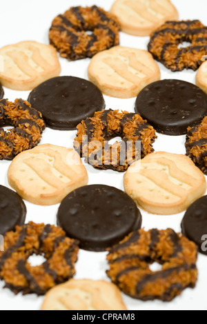 Thin Mints, Trefoils and Samoas Girl Scout cookies.  Stock Photo