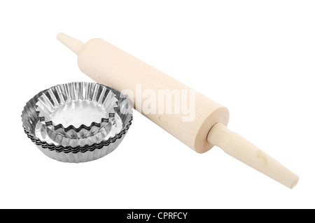 Rolling pin and baking tins isolated on white Stock Photo