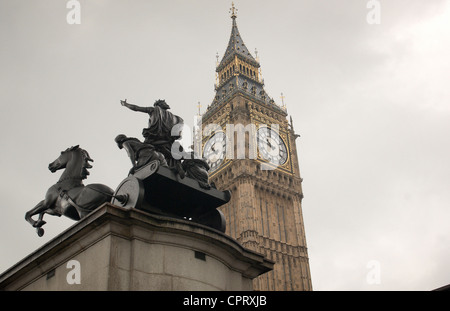 Close up of the Big Ben clock tower in London and Bronze statue of Queen Boudica,London Stock Photo