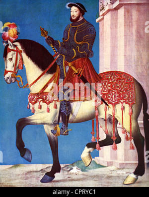 Francis I, 12.9.1494 - 31.3.1547, King of France 1.1.1515 - 31.3.1547, equestrian half length, print after painting by Francois Clouet, circa 1540, Uffizi, Florence, , Artist's Copyright has not to be cleared Stock Photo