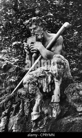Pan, Greek nature deity, full length, statue in the castle garden of Schwetzingen, Germany, postcard, 20th century, Stock Photo