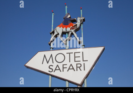 Close-up of Motel safari sign, old Route 66, Tucumcari, New Mexico. Stock Photo