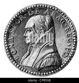 Bona, 2.2.1494 - 19.11.1557, Queen of Poland 18.4.1518 - 1.4.1548, portrait, coin, wood engraving 19th century, Stock Photo