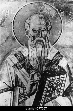 Clement of Ohrid, saint, circa 840 AD - 916 AD, Bishop of Belica, half length, mural painting in the church of the holy mother (today St. Clement) Ohrid, 13th century, Stock Photo